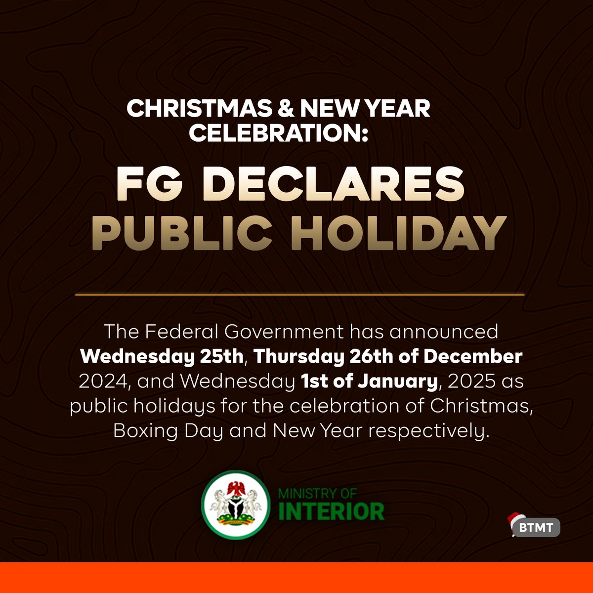 prettytee44's tweet photo. Federal Government has declared 25th, 26th of December 2024 and 1st of January 2025 as public holidays for Christmas, Boxing day and New Year Celebrations https://t.co/rDvfgPyODF