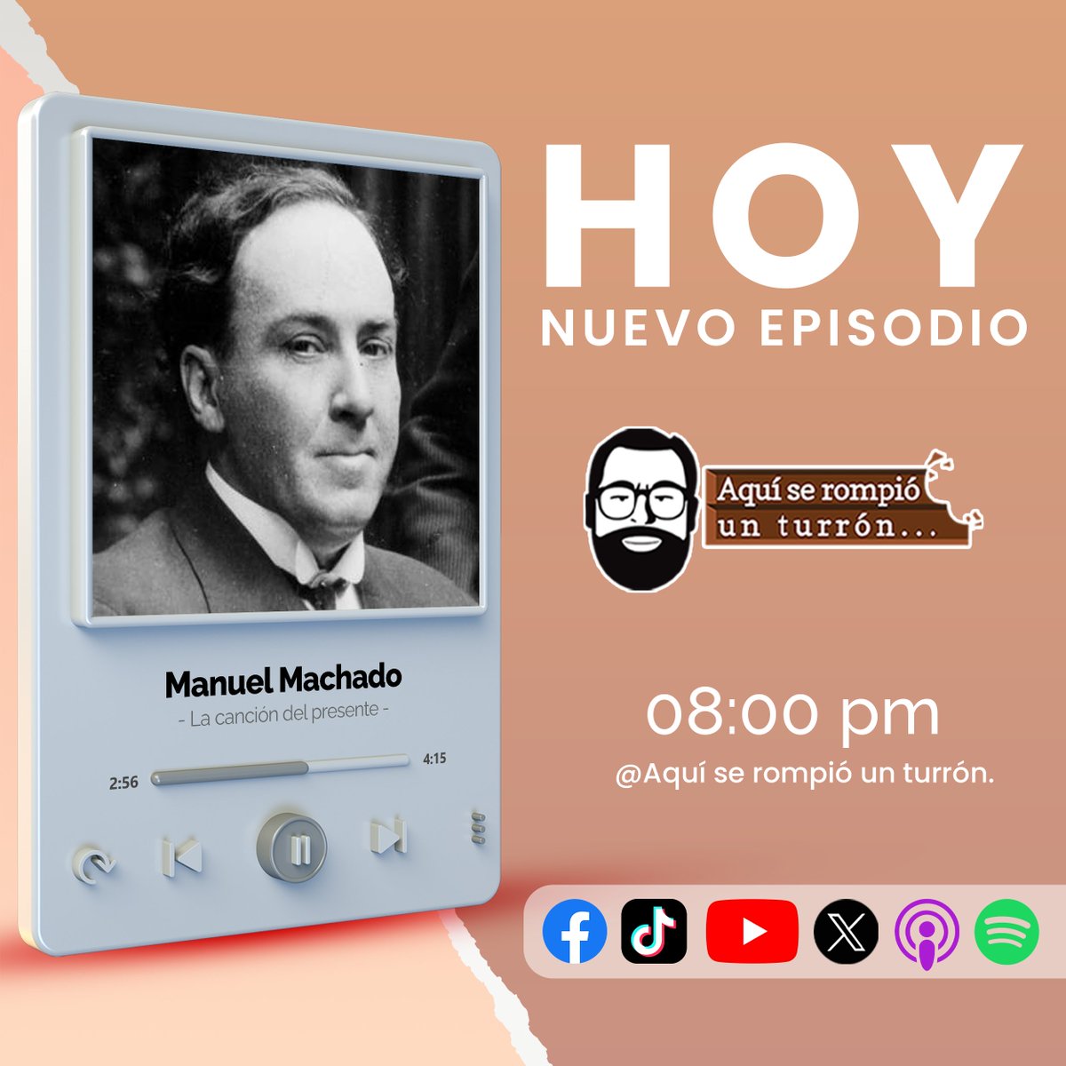 PodcastTurron's tweet photo. Hoy en punto de las 8:00 pm, no te pierdas nuestro pódcast "Aquí se rompió un turrón" Nuevo episodio, Manuel Machado, La canción del presente.
Gratis en:
Spotify:
https://t.co/HFu18tPetD
 Apple Podcast:
https://t.co/9SbpsZP1IA
YouTube:
https://t.co/5sd8SKDQSN https://t.co/f3hRRF4kJO
