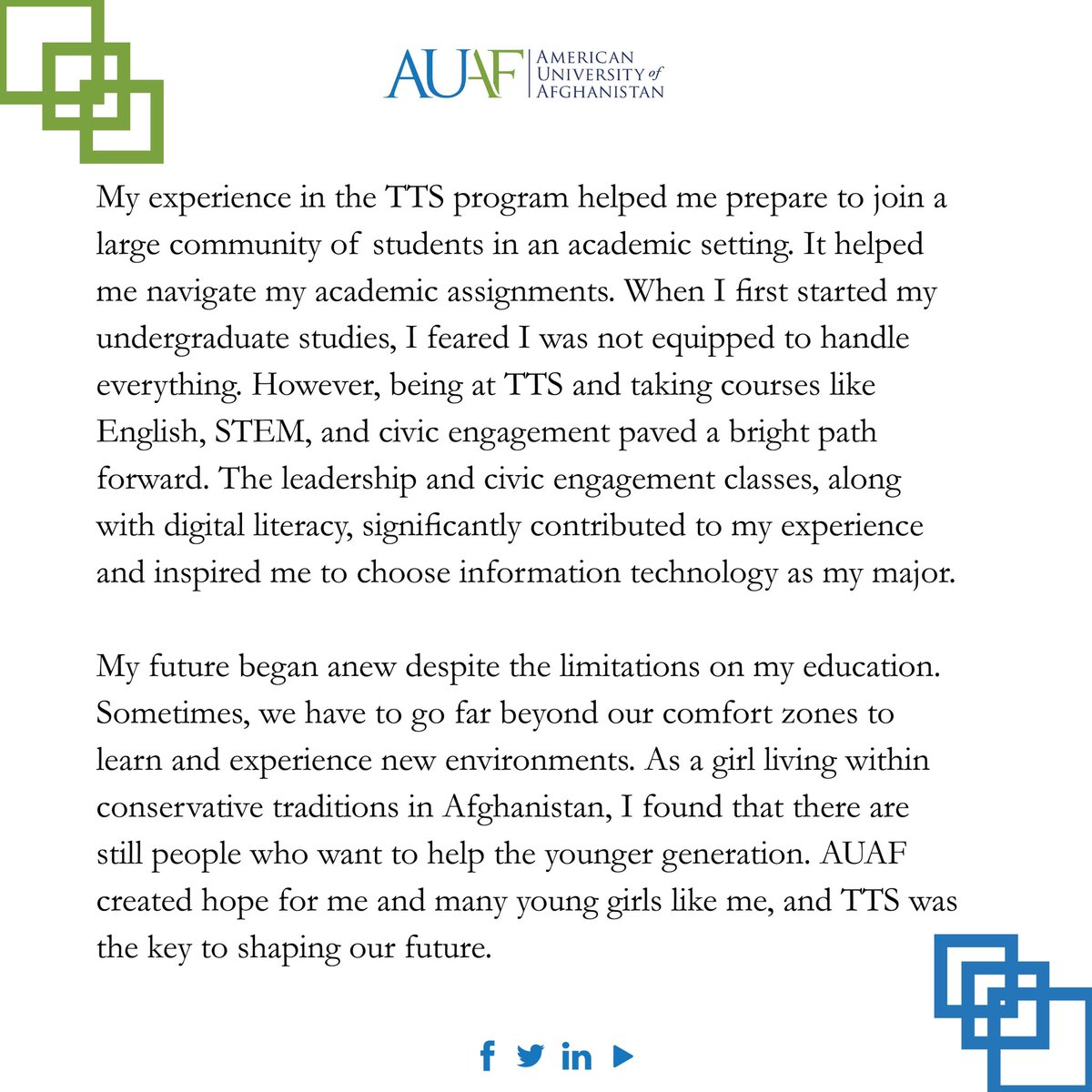 American University of Afghanistan (@auafghanistan) on Twitter photo Funded by the U.S. government and piloted in October 2023, the TTS program offers Afghan youth an incredible opportunity to achieve their educational, professional, and personal goals.
#AfghanSuccessStories #Afghanistan #AUAF #educateAfghans <a href="/USEmbassyKabul/">U.S. Embassy Kabul</a> Funded by the U.S. government and piloted in October 2023, the TTS program offers Afghan youth an incredible opportunity to achieve their educational, professional, and personal goals.
#AfghanSuccessStories #Afghanistan #AUAF #educateAfghans <a href="/USEmbassyKabul/">U.S. Embassy Kabul</a>