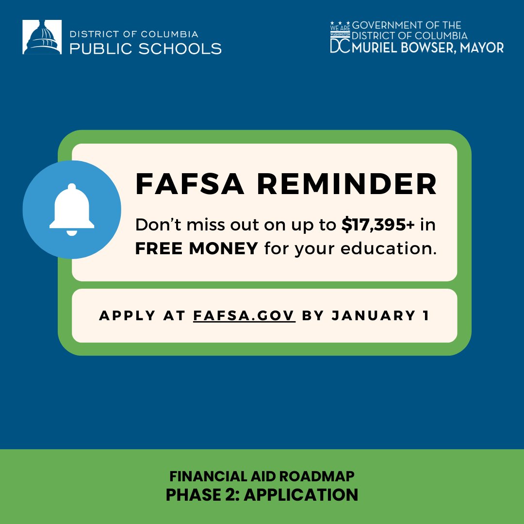 DCPSCollegeCareerEd (@dccollegecareer) on Twitter photo 2025-26 FAFSA Reminder: Donāt miss out on up to $17,395+ in FREE MONEY for your education.
Apply at FAFSA.gov by January 1.
<a href="/dcpublicschools/">DC Public Schools</a> 2025-26 FAFSA Reminder: Donāt miss out on up to $17,395+ in FREE MONEY for your education.
Apply at FAFSA.gov by January 1.
<a href="/dcpublicschools/">DC Public Schools</a>