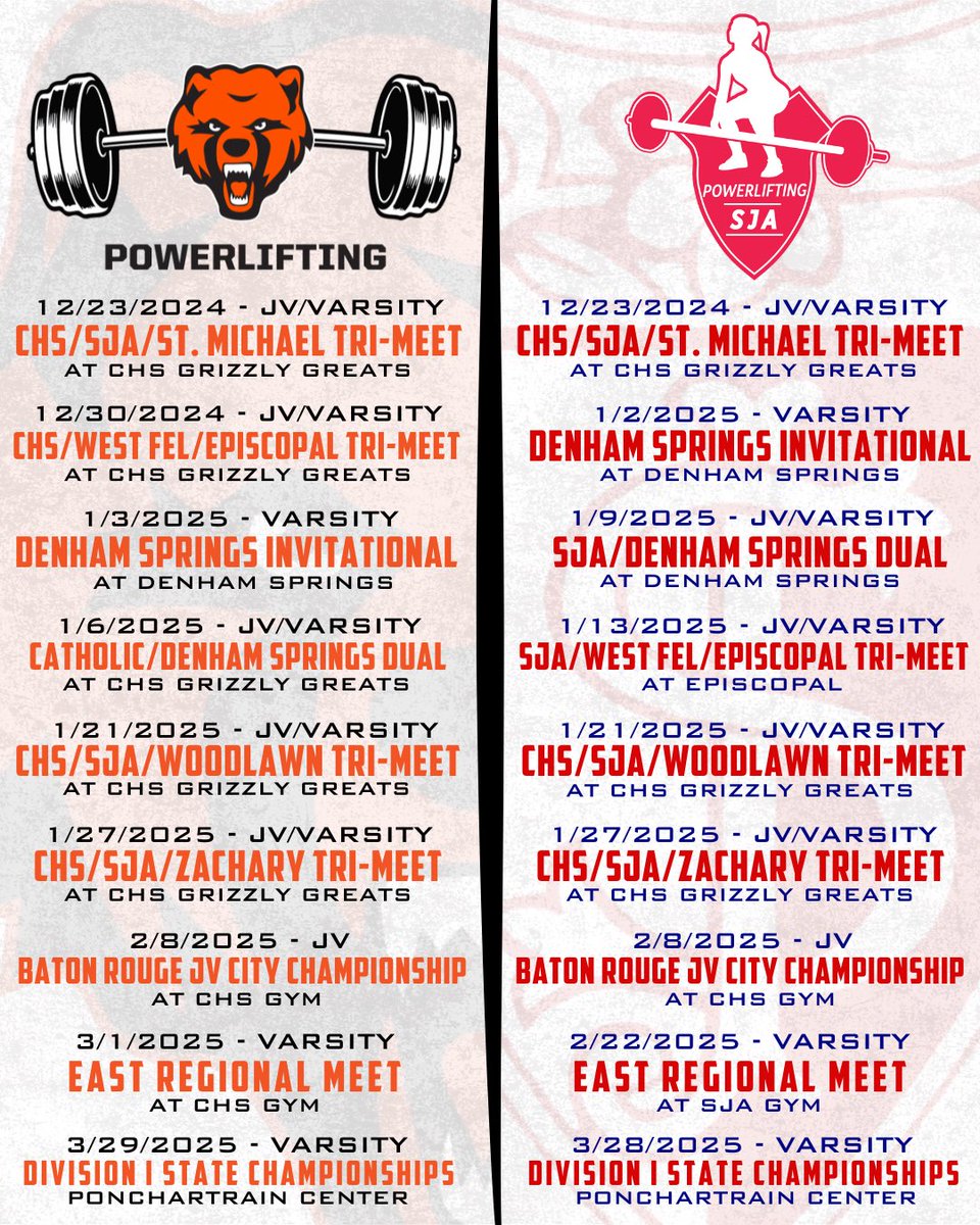 CurDogPower's tweet photo. Official 2024-2025 Schedule for Catholic High School and St. Joseph’s Academy Powerlifting! 

#CurDogPower #GeauxStickers https://t.co/jSdzaUAYiQ