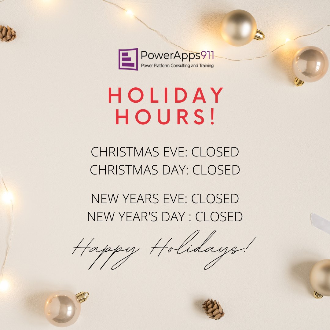 PowerApps911's tweet photo. โ๏ธ #HappyHolidays from the #PowerApps911 family to yours! We hope your season is filled with warmth, happiness, and maybe even a little time to relax.
๐
Holiday Hours:
Closed: December 24th & December 25th
Closed: December 31st & January 1st
Have a safe and happy holidays! ๐ https://t.co/FDpBdtkNPS