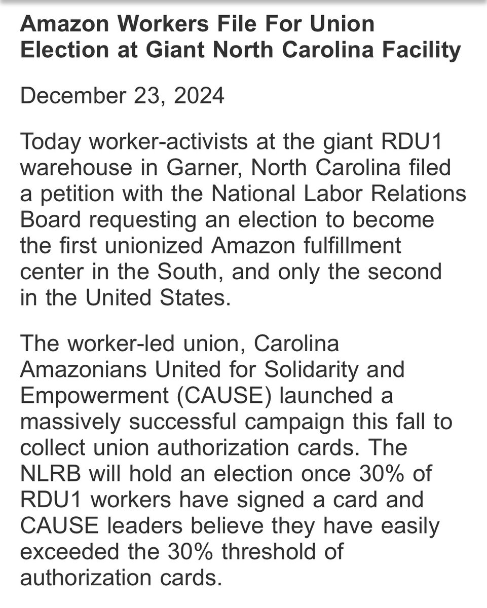 Breaking: The worker-led union, Carolina Amazonians United for Solidarity and Empowerment (CAUSE) has filed for a union election.