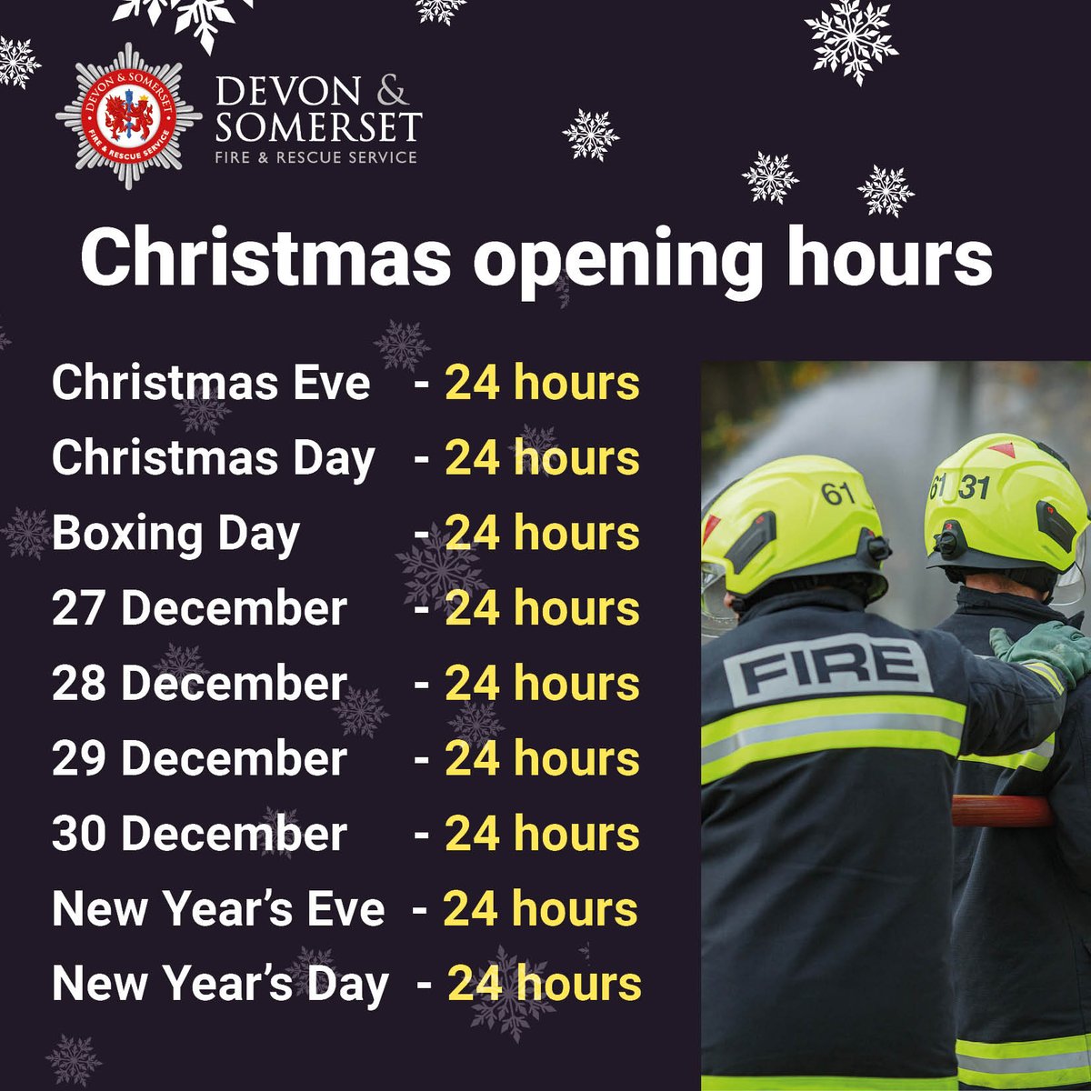 Thank you to everyone who is working over the festive period to keep our communties safe.  🎄 

In an emergency, please dial 999  🚒 

Wishing you all a Merry Christmas.