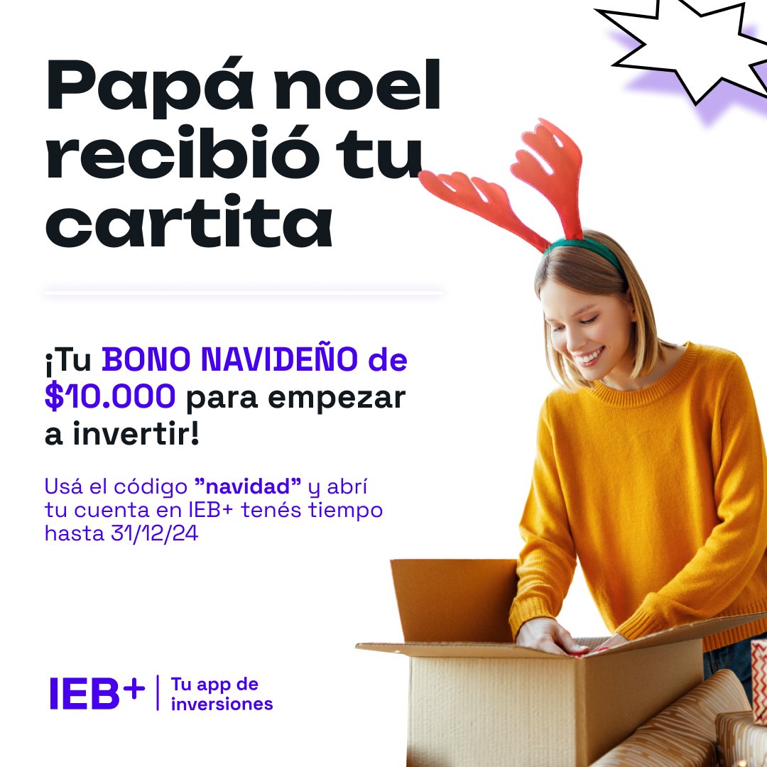 ¡Papá Noel llegó a IEB+! ✨🎅
Esta Navidad, te regalamos $10.000 para que empieces a invertir y cumplir tus metas. 💸
👉 Usá el código “navidad”, abrí tu cuenta en IEB+ y empezá a construir tu futuro financiero.

⏳ Tenés tiempo hasta el 31/12/24.

Descargá la app 
Google Play 👉