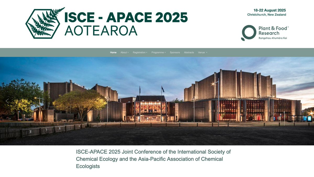 AlvinHee_MY's tweet image. Interested to know why chemical ecology is important to the world? The 4th ISCE-APACE meeting will take place in Christchurch, New Zealand, August 18-22 2025. Call for symposia is now on! bit.ly/41OMm9x
scienceevents.eventsair.com/isce-apace-202… #chemicalecology @ChemEcol_org @wsleal2014