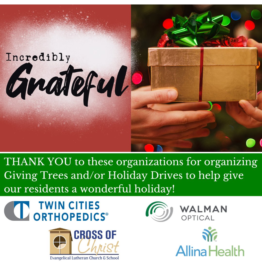 SteppingStoneEH's tweet photo. More of the wonderfully giving organizations to thank for their participation in making the holidays special for our residents through Holiday Drives and/or Giving Trees. Thank you to: Blaine TCO, Walman Optical, Cross of Christ Lutheran, and Allina! We appreciate you all! https://t.co/IEQSid4ufR
