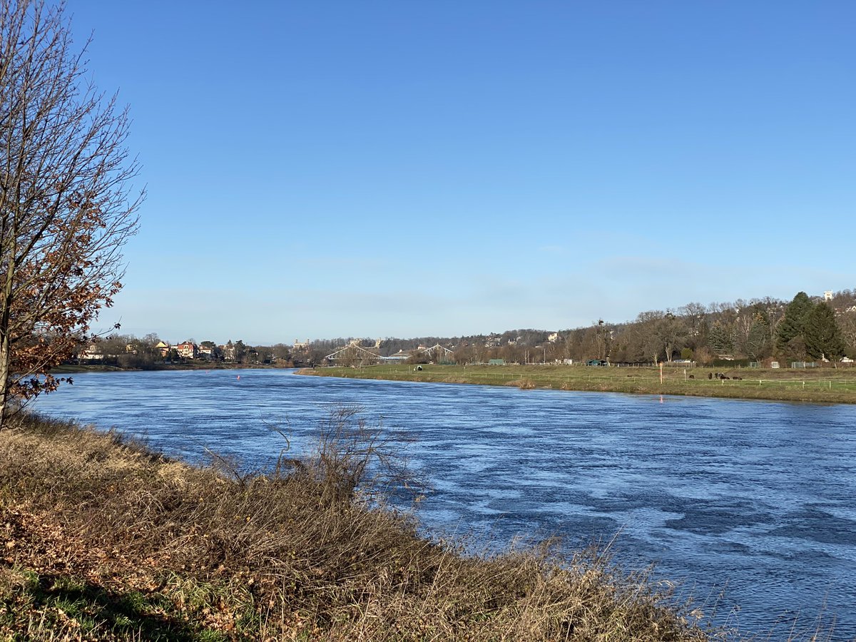 Hochtouren's tweet photo. Dresden- die Elbe im Osten der Stadt; wenn die Sonne tief im Osten steht wie heute Vormittag wirkt das Wasser blau wie ein Ozean oder das Blaue Wunder https://t.co/12UDHMmXCm