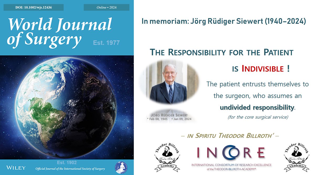 Björn Brücher (@bjoernbruecher) on Twitter photo In memoriam: Jörg Rüdiger Siewert (1940–2024)
<a href="/WorldJSurg/">World Journal of Surgery</a> 2024
onlinelibrary.wiley.com/doi/abs/10.100…
Our sincere thanks to Sherry Wren, E-i-C, Editorial Board & Team World J Surgery, and the complete family of the <a href="/iss_sic/">International Society of Surgery (ISS/SIC)</a>
On behalf of all Siewert’s pupils. In memoriam: Jörg Rüdiger Siewert (1940–2024)
<a href="/WorldJSurg/">World Journal of Surgery</a> 2024
onlinelibrary.wiley.com/doi/abs/10.100…
Our sincere thanks to Sherry Wren, E-i-C, Editorial Board & Team World J Surgery, and the complete family of the <a href="/iss_sic/">International Society of Surgery (ISS/SIC)</a>
On behalf of all Siewert’s pupils.