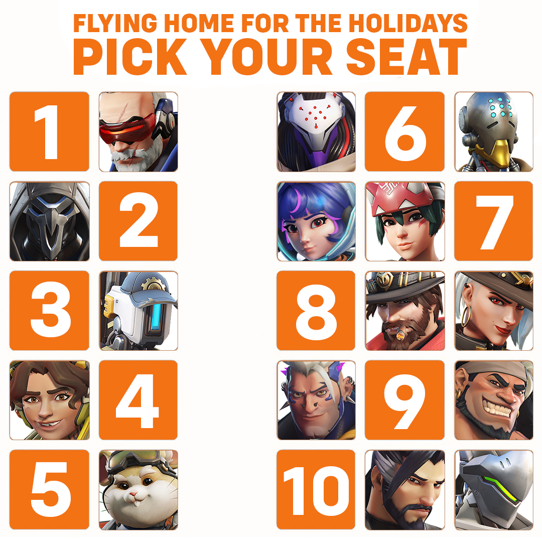 PlayOverwatch's tweet image. Our heroic holiday flight is now boarding! ✈️

Choose your preferred seat number and let us know your pick in the comments 💺