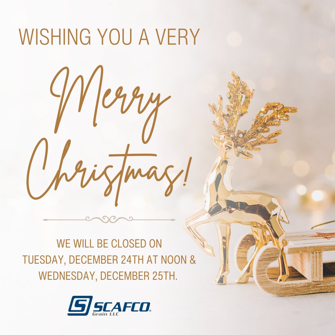 May your days be merry and bright.🎄We will be closed on Tuesday, December 24th at noon &amp; Wednesday, December 25th. We will reopen the morning of December 26th. We appreciate your cooperation. From all of us at #ScafcoGrain &amp; #SiouxSteel, wishing you a #MerryChristmas!