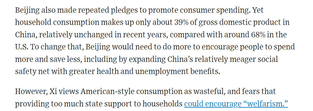 <a href="/Lingling_Wei/">Lingling Wei 魏玲灵</a> To me of course the structural weakness in China's economy goes beyond the dominance of the state in deciding the allocation of credit in the economy -- China's failure to build a consumption engine over the last 10 years is now its Achilles' heel.

5/