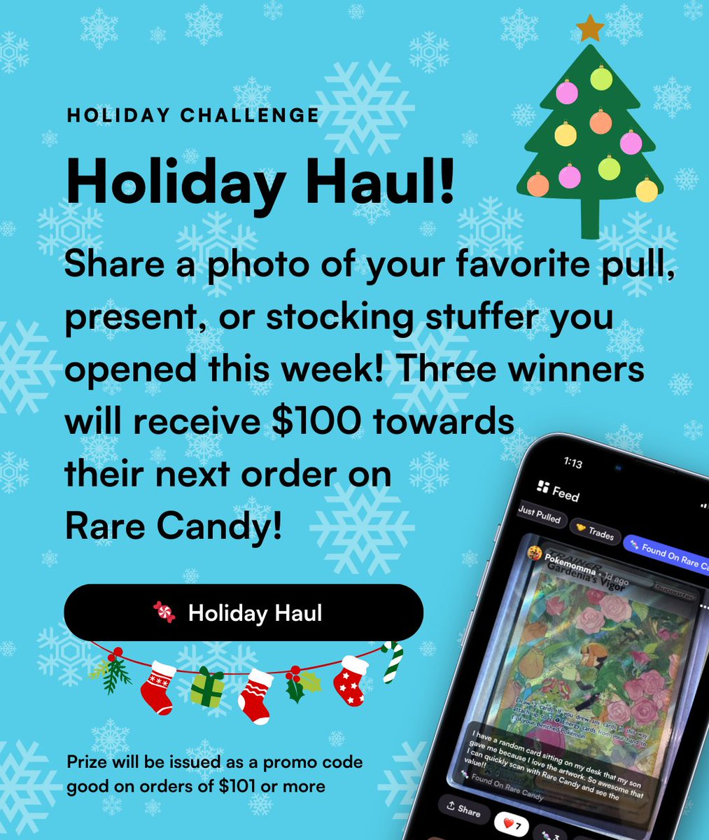 RareCandy's tweet image. A new challenge appears!

Share your holiday hauls on the feed in the Rare Candy App for a chance to win $100 towards your next order on Rare Candy. 

Share your Holiday Hauls: rarecandy.com/feed