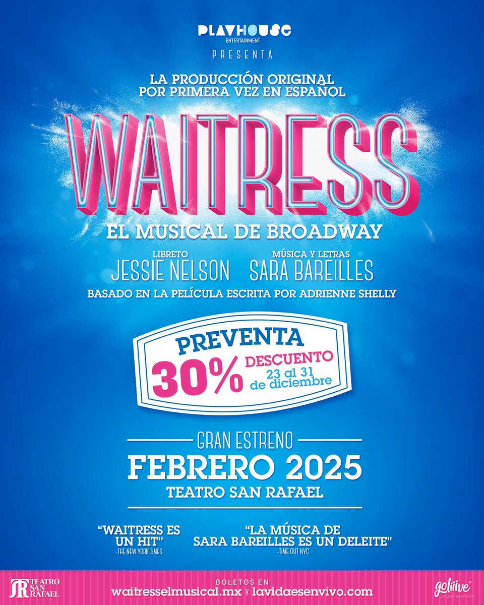 Un gran regalo de Navidad.
Preventa de Waitress 😍🥧🎭
<a href="/PlayHouseMex/">PlayHouse Entertainment</a> tiene sorpresa para los primeros MIL boletos que se vendan!!! 😍