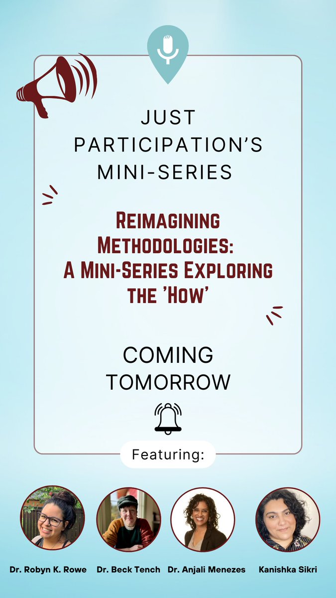 Just Participation (@justpartpodcast) on Twitter photo 🚨NEW mini-series launching tomorrow🎧It dives into methodology—rethinking how knowledge is created and shared. Get ready for 4 guest episodes on Indigenous data sovereignty; how spaces & tech shape attention; anti-racist practices in medicine & alternative citation methods.<a href="/10ch/">Beck Tench</a> 🚨NEW mini-series launching tomorrow🎧It dives into methodology—rethinking how knowledge is created and shared. Get ready for 4 guest episodes on Indigenous data sovereignty; how spaces & tech shape attention; anti-racist practices in medicine & alternative citation methods.<a href="/10ch/">Beck Tench</a>