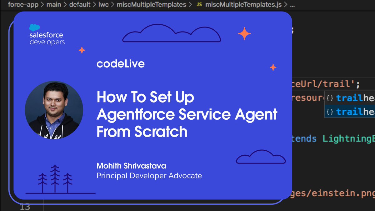 SalesforceDevs's tweet image. ⏰ Starting soon: join the #codeLive livestream with @Salesforce Developer Advocate @msrivastav13 to get a step-by-step demonstration of configuring and activating Agentforce Service Agent it in your org.

Watch it live at 9:00 a.m. PT: 📺 sforce.co/4gzynJd