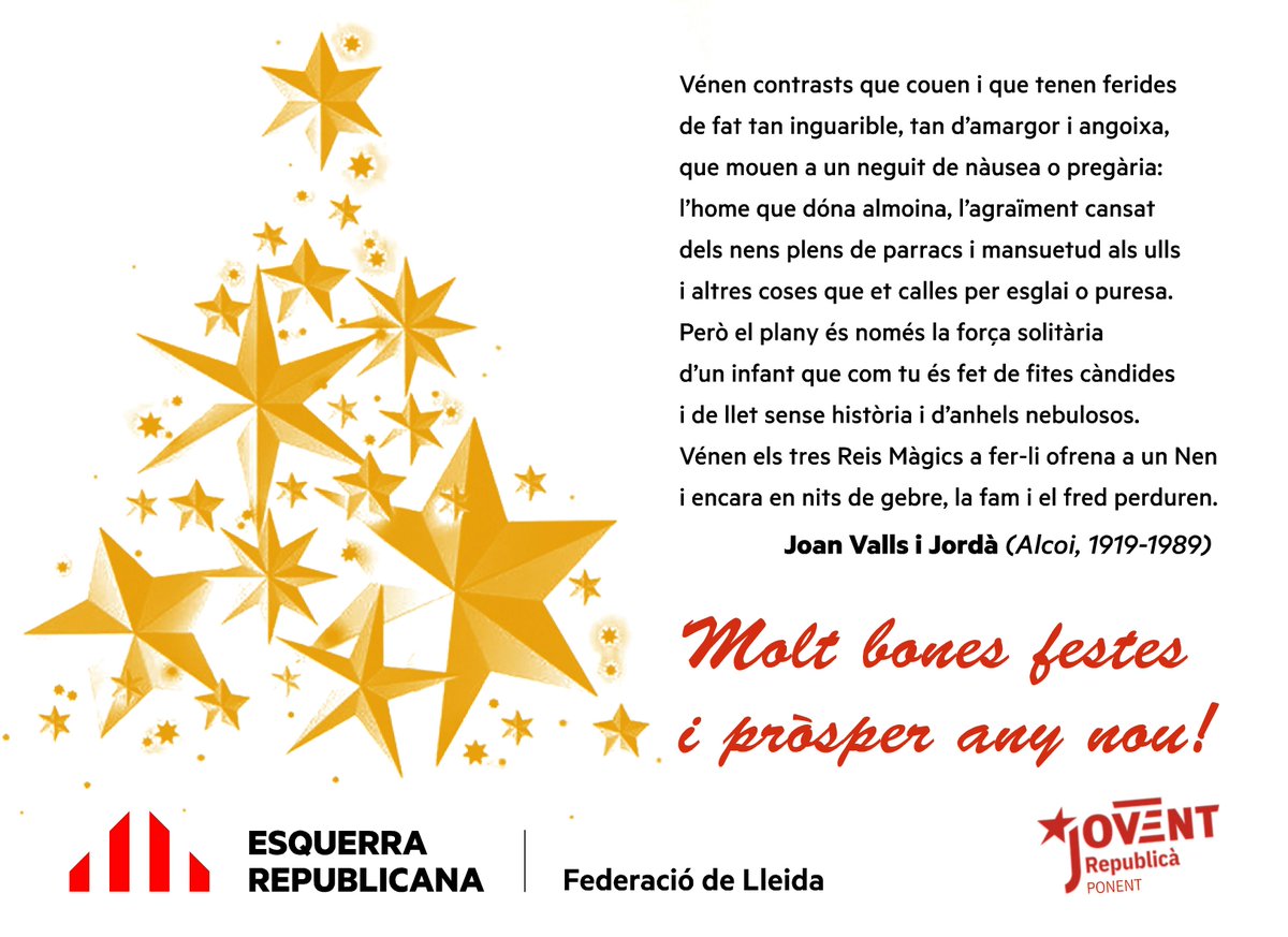 🎄 La Permanent i l'Executiva Regional de Lleida d' <a href="/Esquerra_ERC/">Esquerra Republicana</a>  us desitgem unes molt bones festes ✨ i una feliç entrada al 2025!! 💛

#MoltBonesFestes #PròsperAnyNou