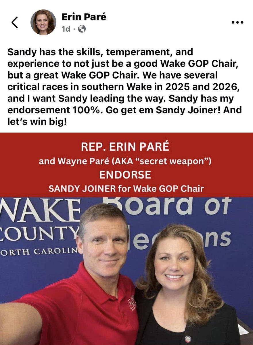onewakecounty's tweet photo. We are proud to receive the endorsement of Erin and Wayne Pare. Thanks so much for your kind words and support! 🇺🇸

#ncpol https://t.co/HOK928jRng