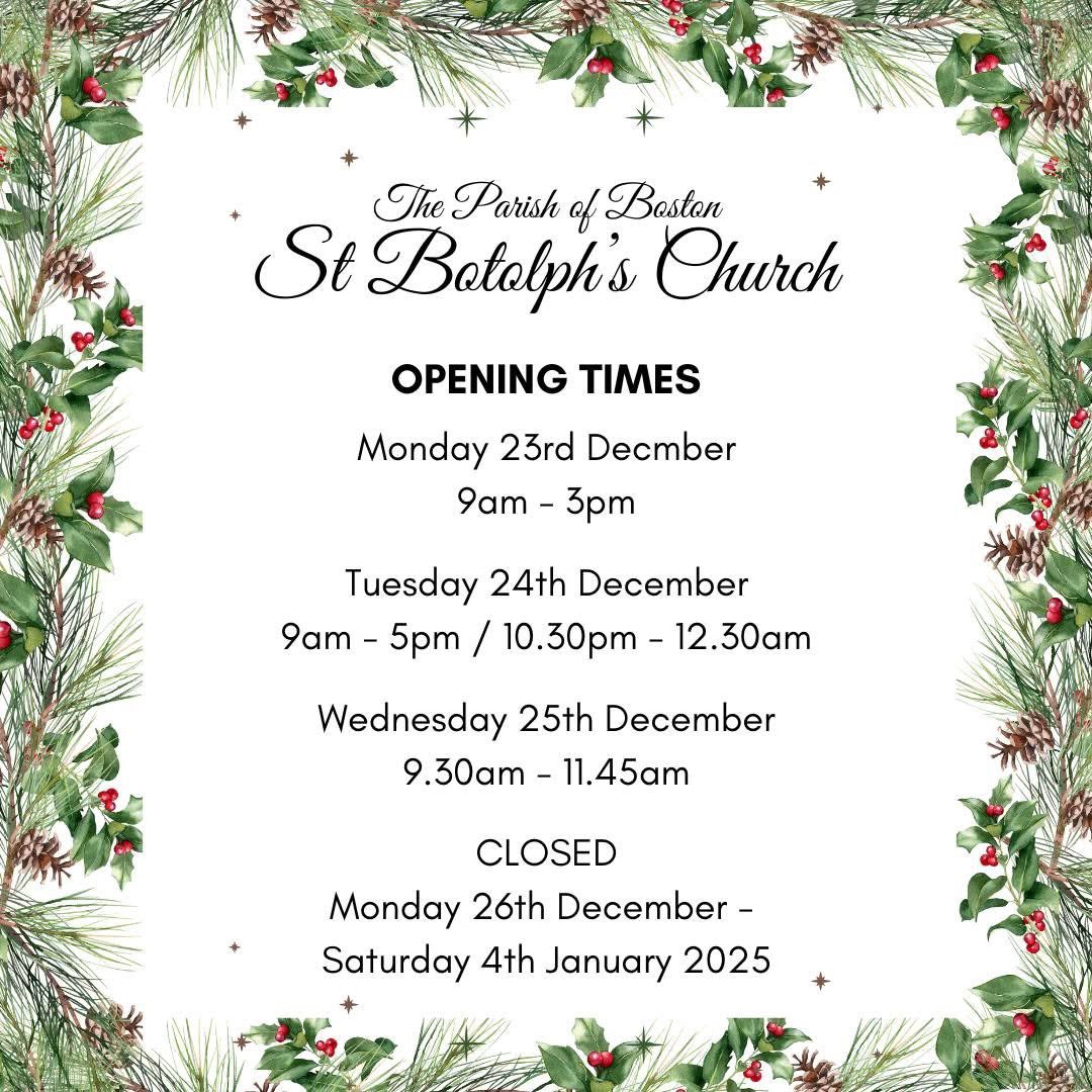 Services over Christmas ✨

Please note St Botolph's will be closed following the Christmas Day service until 10am on Saturday 4th December whilst our staff and volunteers have a well deserved break.