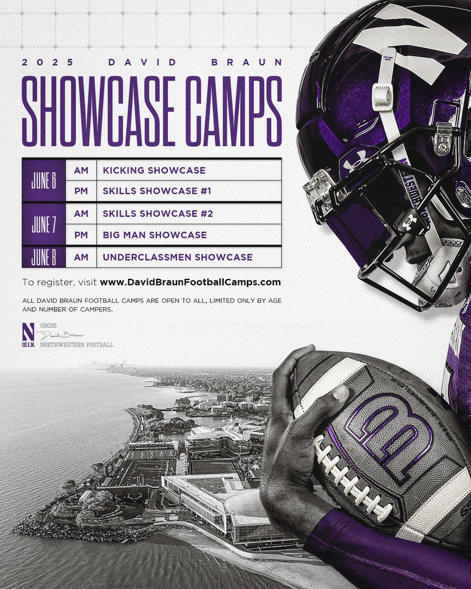 Our 2025 David Braun Showcase Camps and One-Day Camp sign up’s are now LIVE!  Camps will take place in the most unique stadium in college football and in our world class facility this June! For more info and to secure your spot now, please visit the site: davidbraunfootballcamps.com