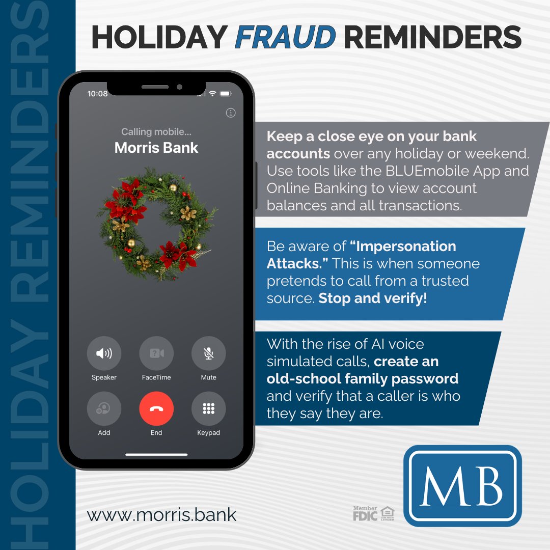 Let’s spread holiday CHEER, not FEAR!

Here are a few reminders for the Christmas season that will help secure your peace of mind and keeping you fraud free. 🎄