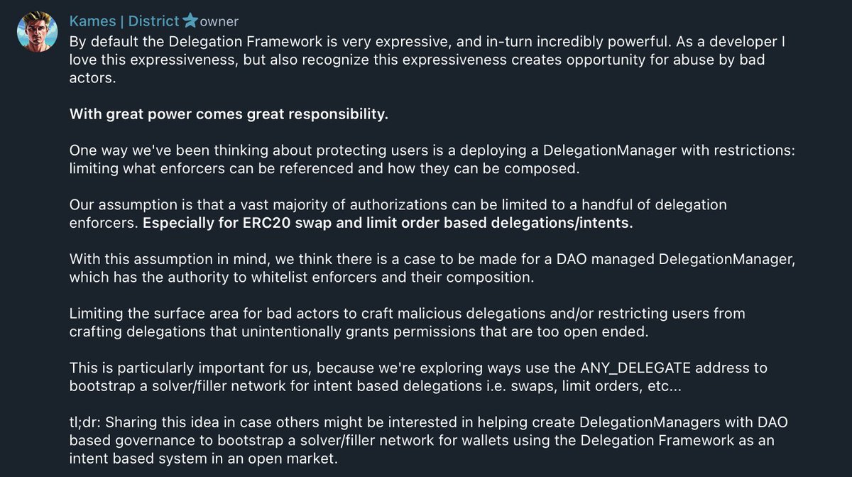 Delegation Mafia topic of discussion this week is what a governance managed DelegationManager looks like.

And if Wallets have built-in intent capabilities how does this change the relationship with solvers/fillers.

My take is this leads to a modular "credit card" like network.