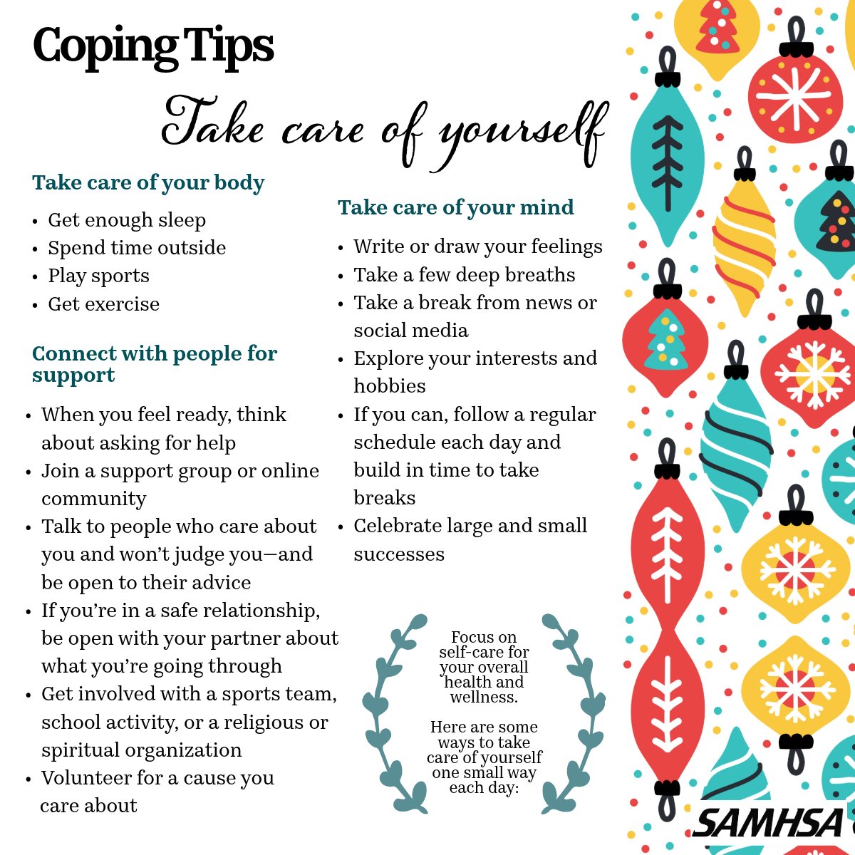 SAMHSA_Leader's tweet photo. Amid the hustle and bustle of this time of year, it's important to prioritize our overall health and well-being. Here are some ways to embrace moments of self-care each day: https://t.co/tkbDOgou5z https://t.co/VTZCTccjTV