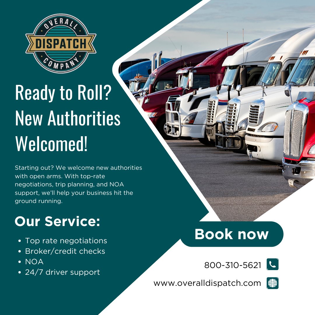 OverallDispatch's tweet image. Ready to roll? 🚛 New authorities, we’ve got you covered! 💼 From top-rate negotiations to 24/7 driver support, we’re here to help your business hit the ground running. 🌟 Book now and start your journey with confidence!  Call us at 800-310-5621 or visit overalldispatch.com