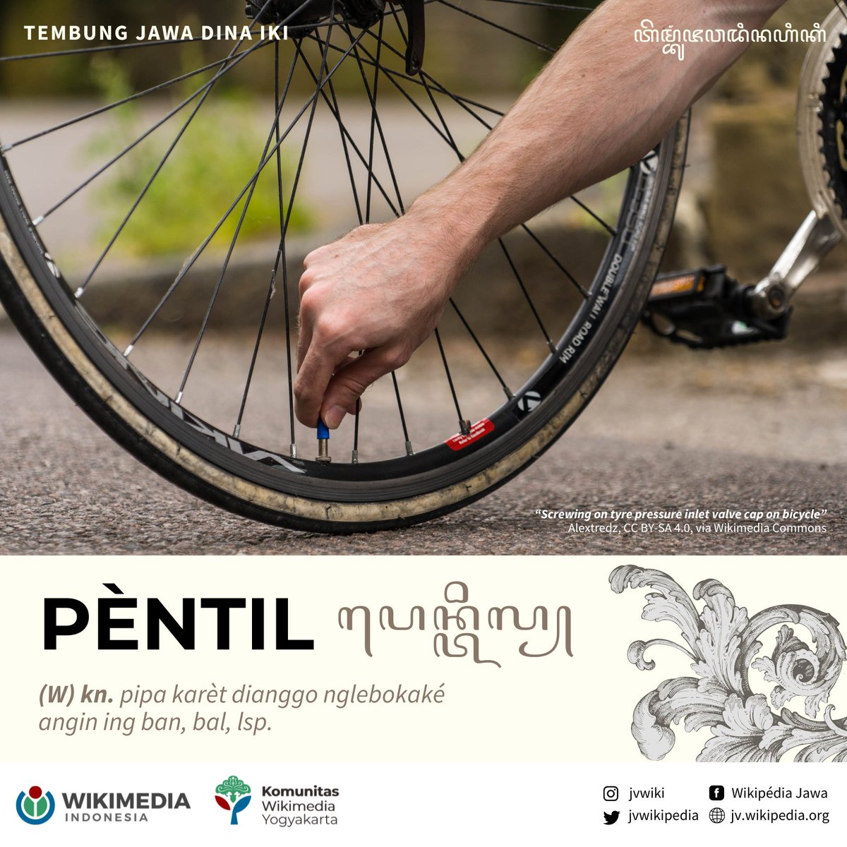 jvwikipedia's tweet image. Kanca Wiki, sinten ingkang naté kécalan tutup pèntil ban sepédhah? 
Wonten ing kintunan rubrik &apos;Tembung Jawa Dina Iki&apos; badhé ngrembag tegesipun &apos;pèntil&apos; miturut Bausastra Jawi. 
---
#Javanese #Wiktionary #Wikipedia #Jawa 
#Pentil #Pit #Ventiel #Fiets #Bicycle #Sepeda