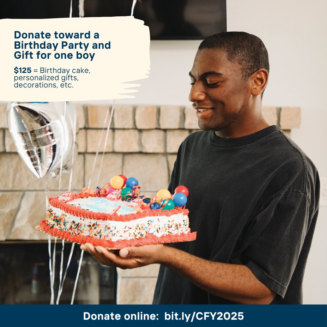 For youth living in congregate care, a personal day of celebration seems far-fetched. Your donation will see that our youth receive a special birthday recognition on their big day, with cake, gifts, and decorations upon their return home after school🎈 bit.ly/CFY2025