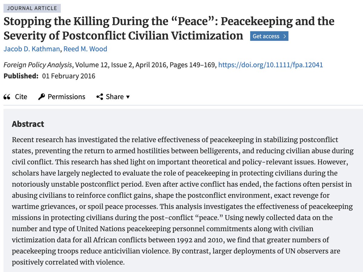 Peacekeeping can reduce civilian abuse in postconflict states, but larger deployments of UN observers may increase violence. Kathman &amp; Wood's 2016 article shows more peacekeeping troops help protect civilians, but observers may have the opposite effect academic.oup.com/fpa/article-ab…