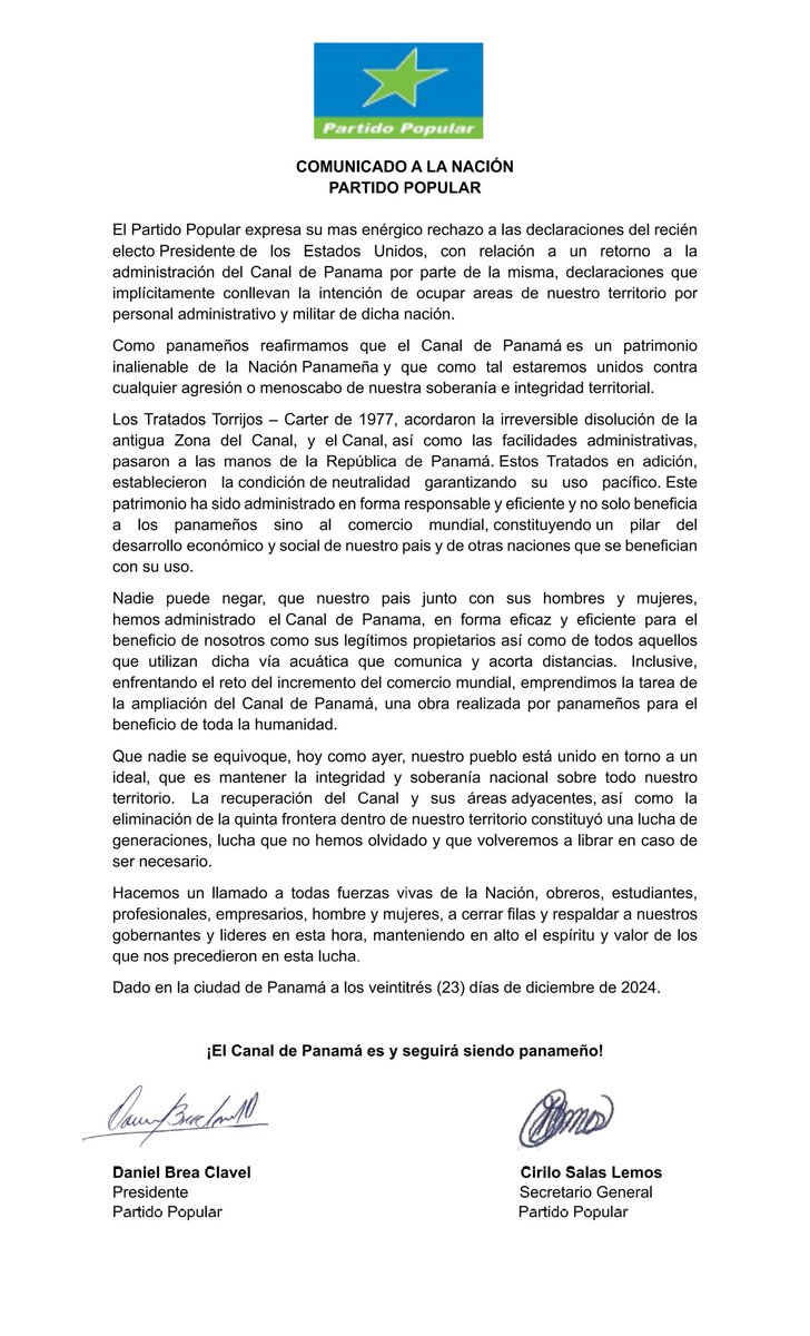 Comunicado del Partido Popular de Panamá en referencia a las declaraciónes emitidas por el presidente electo de Estados Unidos de Norteamérica