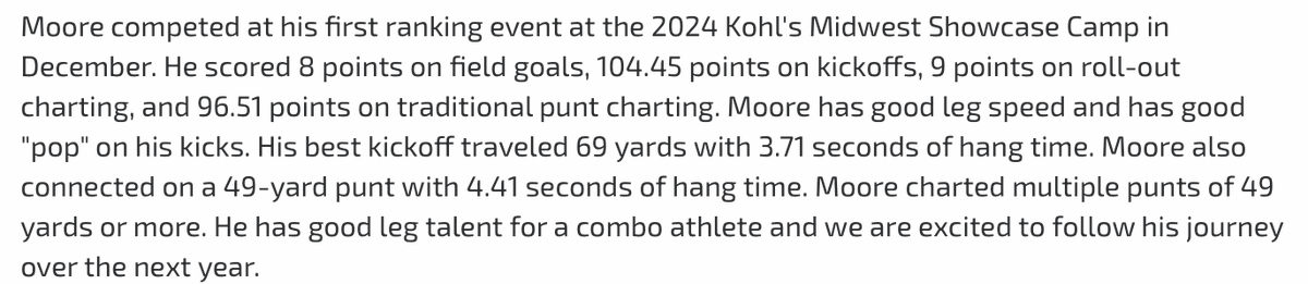 Donovan Moore - 2026 Soccer |4.5⭐️Kicker 4⭐️Punter (@donovanmoore26) on Twitter photo Very happy to have received a 4.5⭐️rating as Kicker and 4⭐️ Punter at the <a href="/KohlsKicking/">Kohl's Kicking Camps</a> Midwest Showcase. Didn't have my best day on FGs. More work to do, but a great place to build from.
#ToughStreet #2026Kicker <a href="/WHSCougars/">Westland Athletics</a> <a href="/WestlandFB/">Westland Football</a> Very happy to have received a 4.5⭐️rating as Kicker and 4⭐️ Punter at the <a href="/KohlsKicking/">Kohl's Kicking Camps</a> Midwest Showcase. Didn't have my best day on FGs. More work to do, but a great place to build from.
#ToughStreet #2026Kicker <a href="/WHSCougars/">Westland Athletics</a> <a href="/WestlandFB/">Westland Football</a>