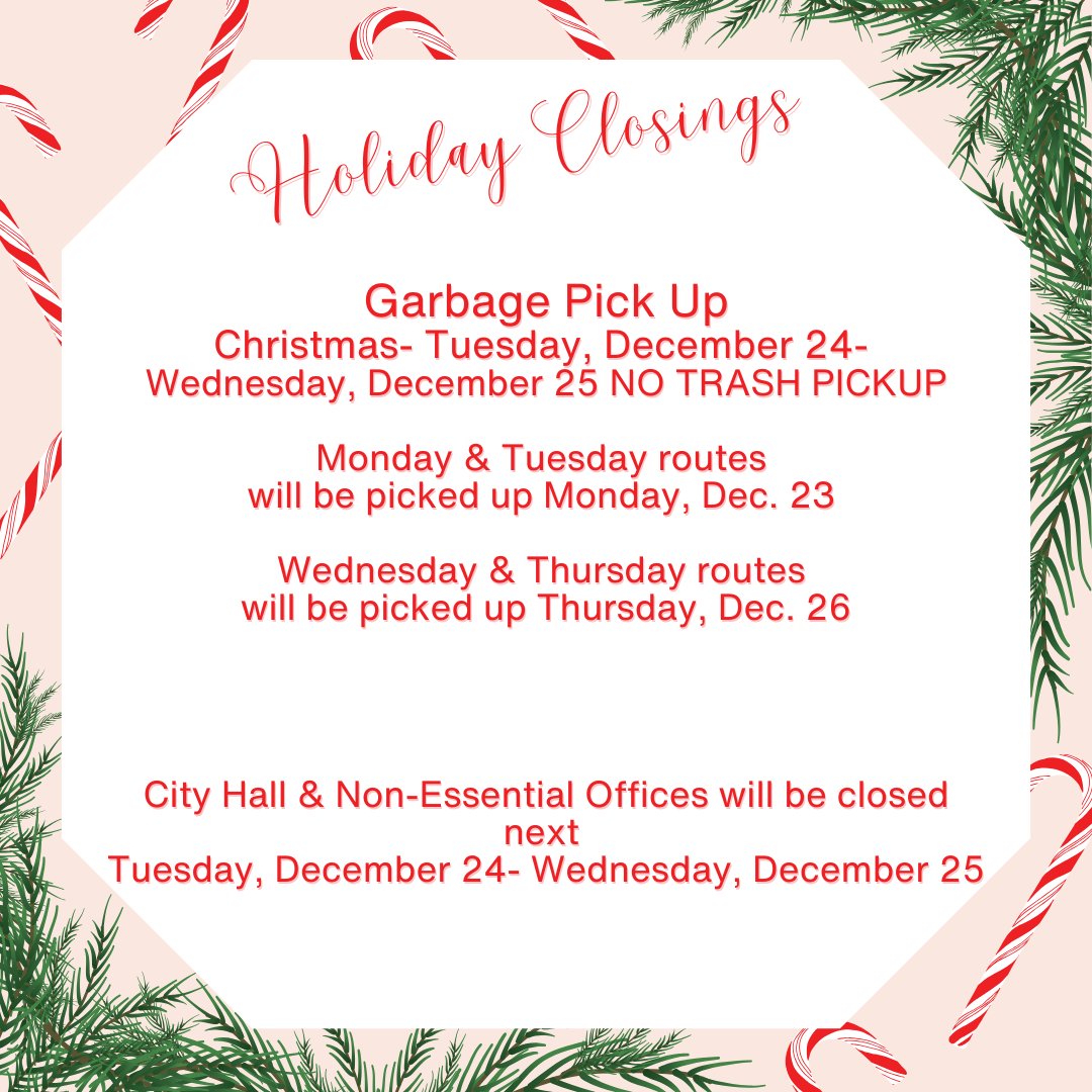 City Hall and non-essential offices will be closed this Tuesday, December 24, 2024 and Wednesday, December 25, 2024 for the Christmas Holiday. If you would need immediate assistance, please call 911.