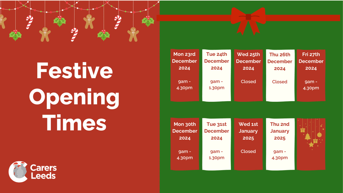🎄✨ Our festive opening times are here! ✨🎄

Check out when our AdviceLine is open over the festive season so you can get in touch with us for help and support.