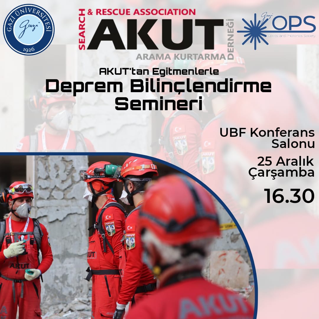 Depreme karşı hazırlıklı olmak hepimizin görevi. Bu yüzden fakültemize gelecek olan AKUT ekibinin vereceği deprem bilinçlendirme seminerini kaçırmayın! Deprem gerçeğini unutmadan, birlikte daha güvenli bir gelecek inşa edelim.
#akut 
#Gaziüniversitesi 
#deprem
#birliktegüçlüyüz
