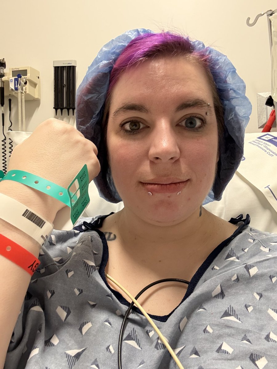Ready for surgery. I'm all bedazzled. I had to replace my lip piercing.