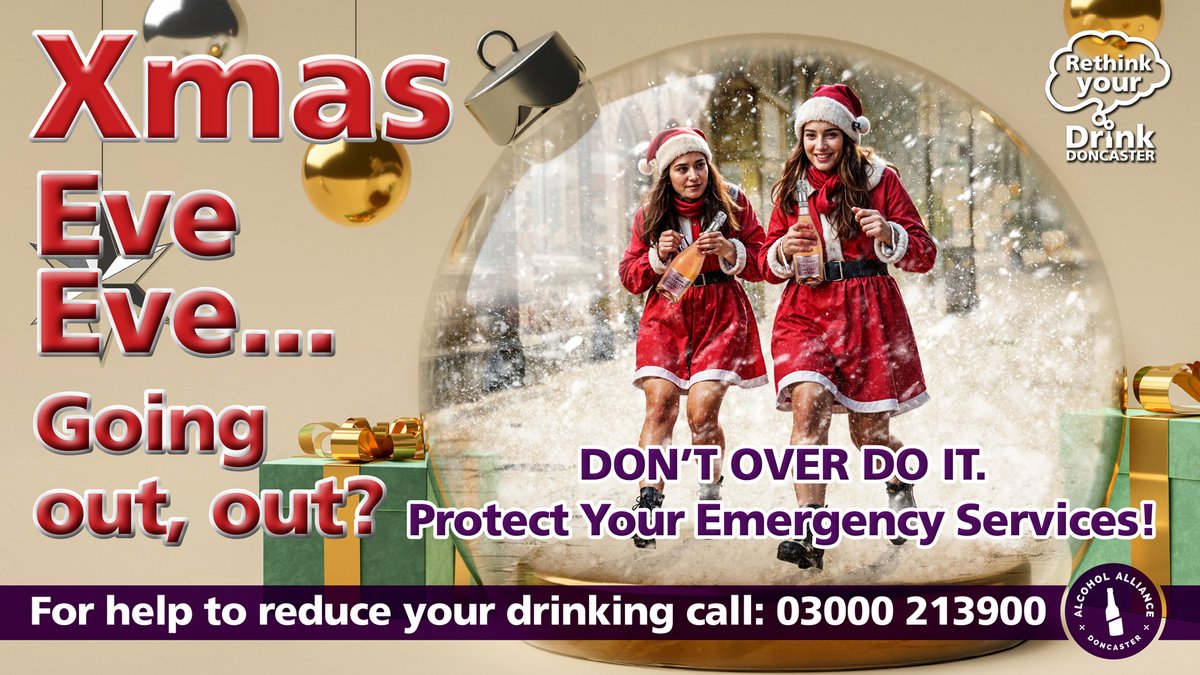 DoncasterRyd's tweet photo. 🎅✨ It's #ChristmasEveEve! Heading out tonight? Keep it merry &amp; bright 🎄💃Take care of yourself &amp; your friends—have a safe, festive evening! Concerned about your drinking or someone else’s? Call us @Aspire_Recovery 📞 03000 213900💙@MyDoncaster @rdash_nhs @social_sober #NHS https://t.co/SoMYDwvWjT