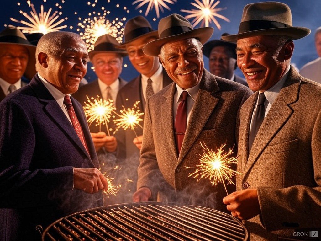 fourfour32's tweet image. Image of the founding fathers at a barbecue with fireworks... according to Grok2.