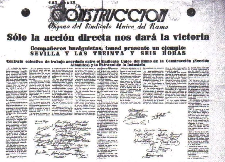 La jornada laboral en 1936 quedó establecida en 36 horas semanales. El sindicato de la construcción de la CNT de Sevilla negoció unas Bases de Trabajo (Convenio) cuya vigencia y aplicación fue truncada por los hechos que siguieron. Via  <a href="/cntlafelguera/">CNT La Felguera</a>