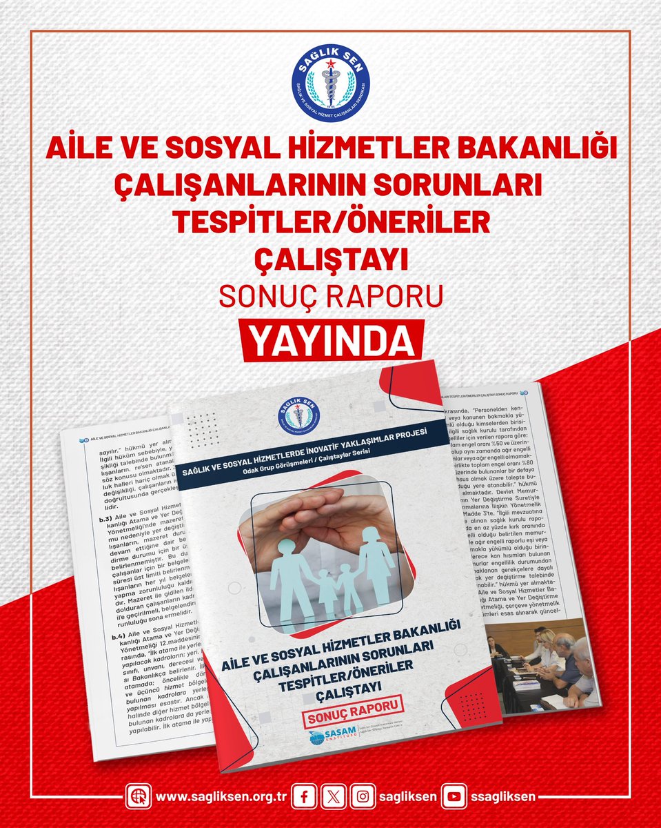sagliksen's tweet photo. Sağlık-Sen tarafından gerçekleştirilen "Aile ve Sosyal Hizmetler Bakanlığı Çalışanlarının Sorunları Tespitler/Öneriler Çalıştayı"nın Sonuç Raporu yayımlandı. 

Raporda;
➡️Görevde Yükselme ve Ünvan Değişikliği Sınavı'nın belirli periyotlarda yapılması,
➡️ Sosyal hizmet merkezlerinde ve Bakanlık merkez teşkilatında görev yapan çalışanların da 25 puanlık ek ödeme artışından yararlanması,
➡️Atama ve Yer Değiştirme Yönetmeliği’nin yeniden düzenlenmesi,
➡️Ek ders karşılığı çalışanların mali ve özlük haklarında iyileştirme yapılması ve 4/A devlet memuru kadrosuna geçirilmesi, 
➡️Ücretlerin iyileştirilmesi,
➡️Görev tanımlarının, her kurumda her ünvan/kadro için ayrı ayrı tanımlanacak şekilde düzenlenmesi,
➡️4/B sözleşmeli çalışanların mali açıdan yaşamakta olduğu mağduriyetlerin giderilmesi, 
➡️Birinci dereceye gelen herkesin 3600 ek gösterge artışından faydalanması gibi birçok talep ve soruna dikkat çekildi.

⤵️
https://t.co/IOtpSso5A1