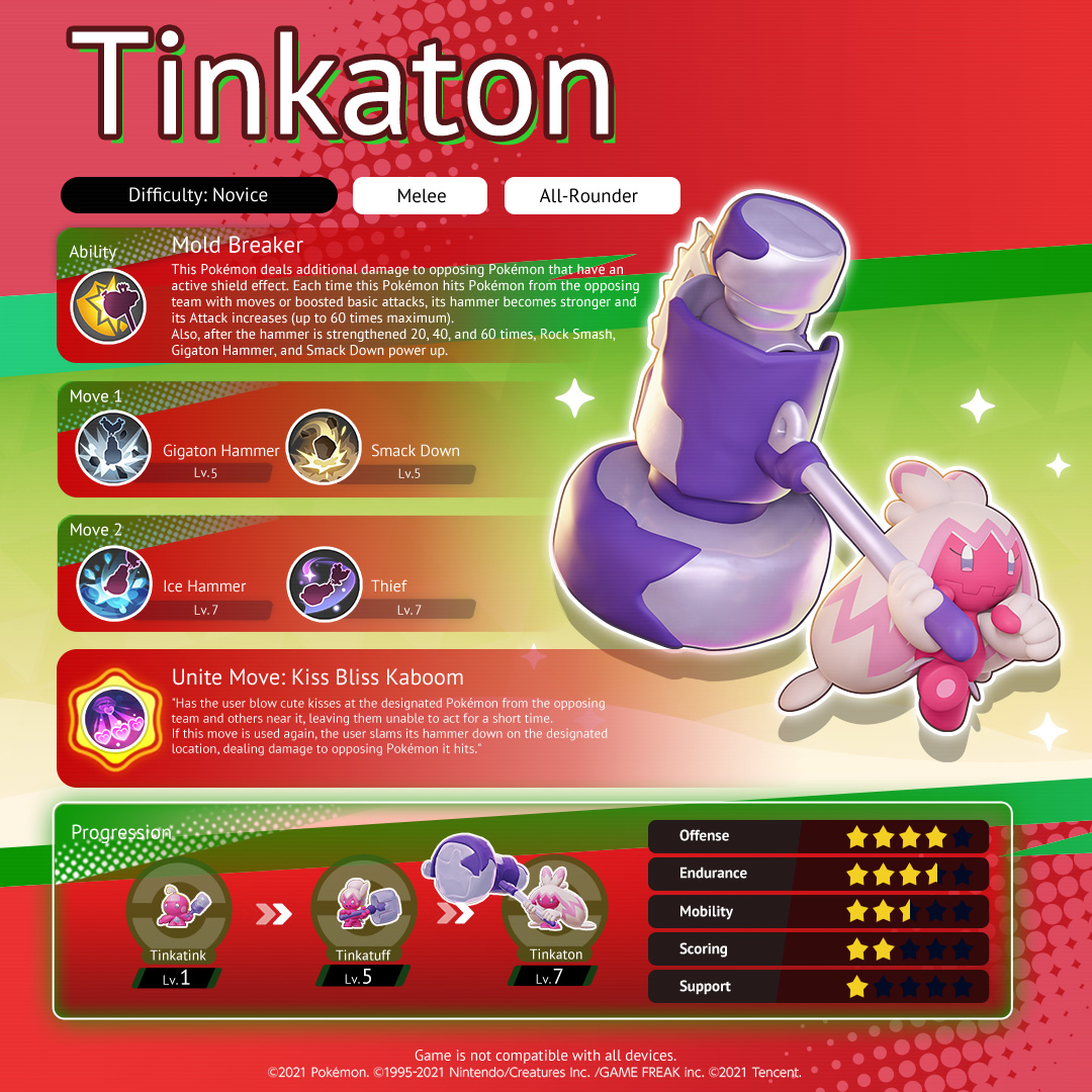 Tinkaton is a melee All-Rounder that powers up its hammer to deal devastating damage. #PokemonUNITE
