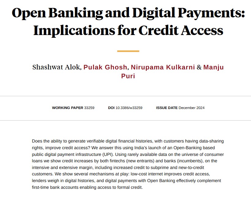 India's launch of Unified Payment Interface increased credit to underserved and unserved borrowers, as evidenced by data on the universe of consumer loans, from Shashwat Alok, Pulak Ghosh, Nirupama Kulkarni, and Manju Puri nber.org/papers/w33259
