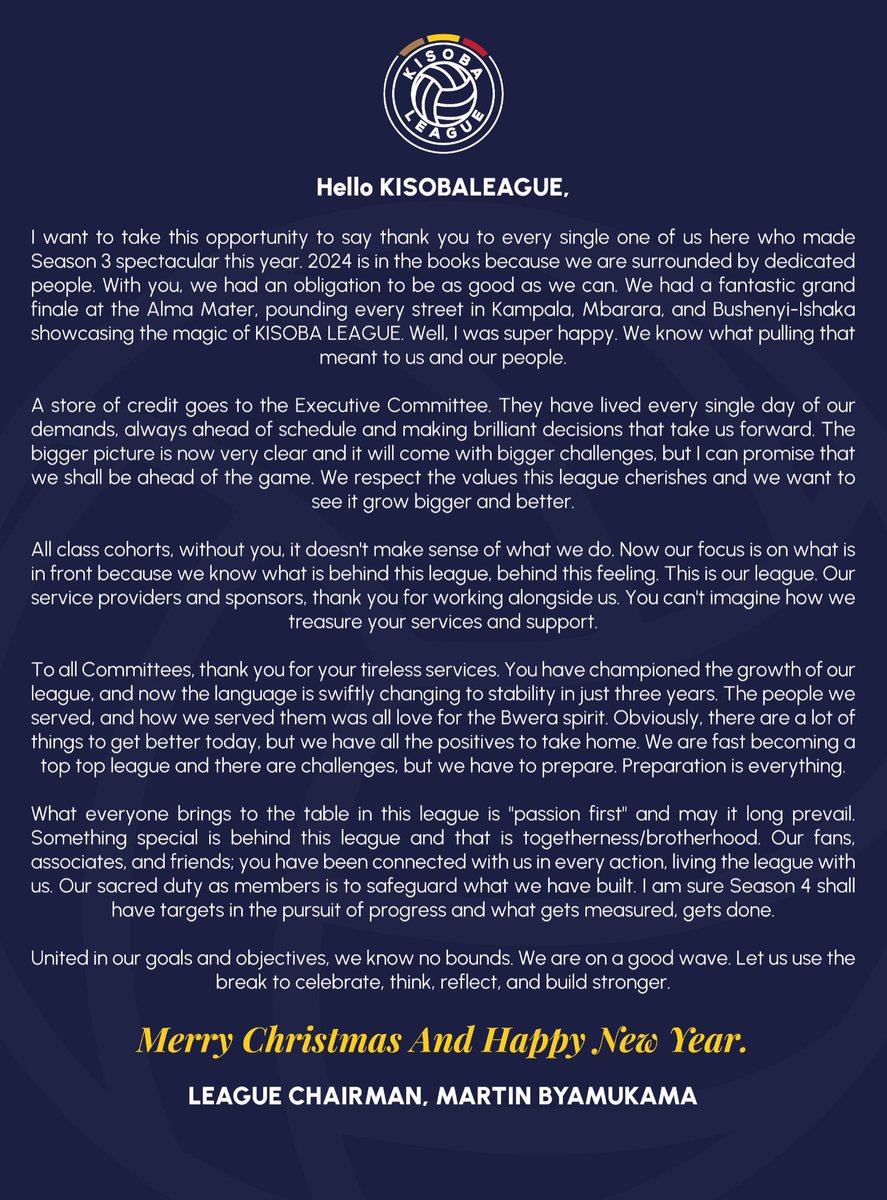 KISOBALeague's tweet photo. From the League chairman @byamukamamartin to you.

Happy Holidays 🎄🎅

#TuzeBwera https://t.co/xW2mfBRBsa