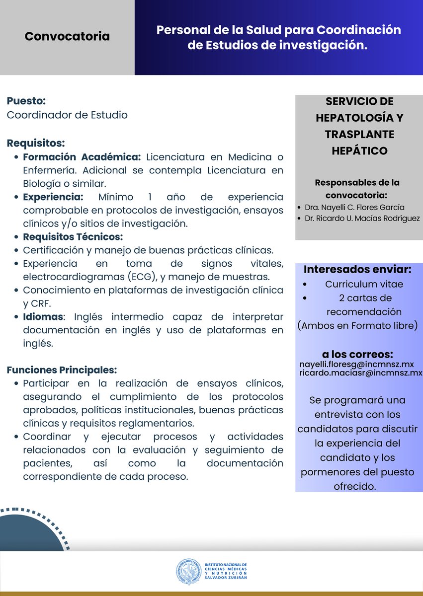 incmnszmx's tweet photo. * * * CONVOCATORIA * * *
Personal de la Salud para Coordinación de Estudios de Investigación
Servicio de Hepatología y Trasplante Hepático https://t.co/Dxv5gLnGWy
