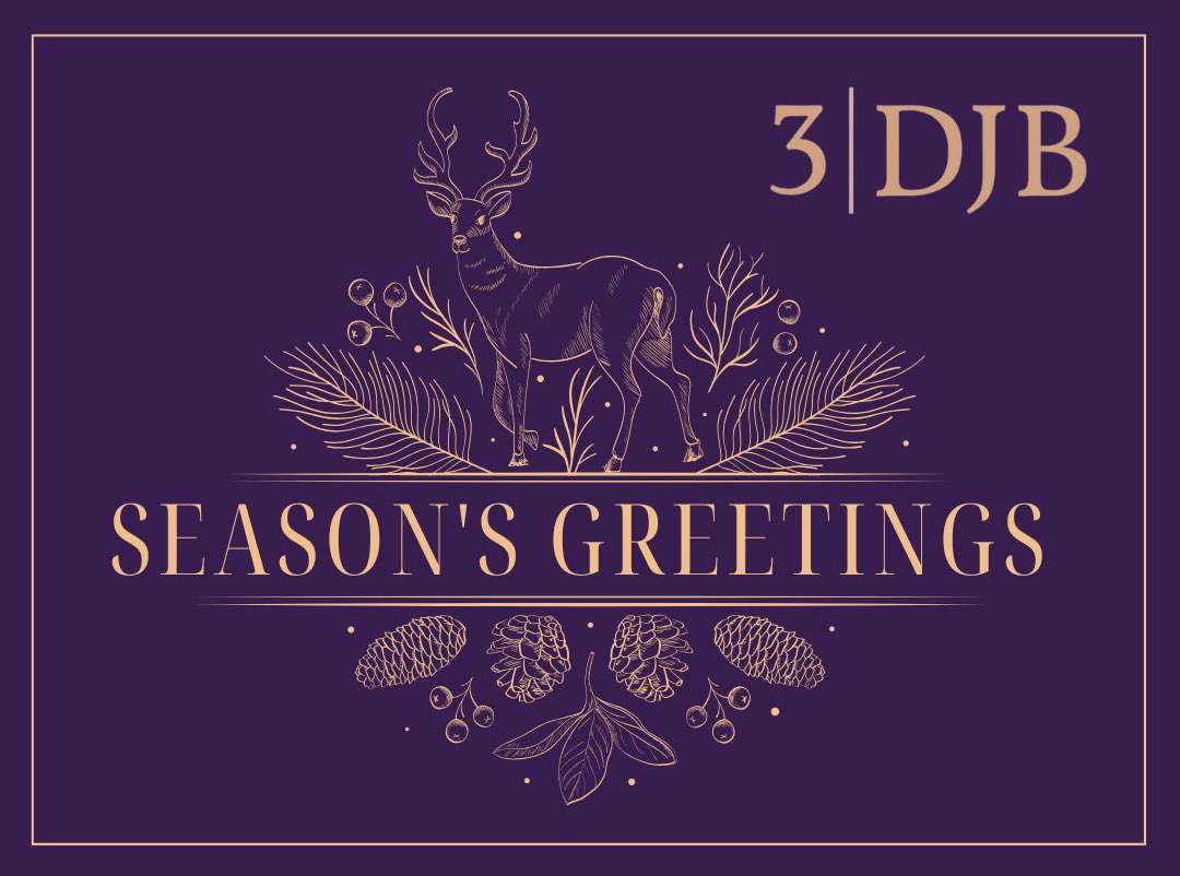 ThreeDJB's tweet photo. Season's Greetings and a Happy New Year from 3DJB. We hope you have a wonderful festive season and we look forward to working with you in 2025. Please contact our clerks should any urgent help be needed between Christmas and New Year https://t.co/6QAqrsXQ4U