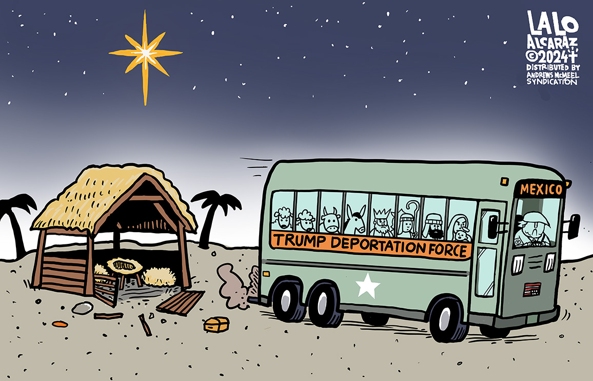 Silent Night Bus Ride. Please share #laloalcaraz cartoons and get your 2025 Lalo Alcaraz Cartoon Calendar at laloalcaraz.com/order-today-20… today!