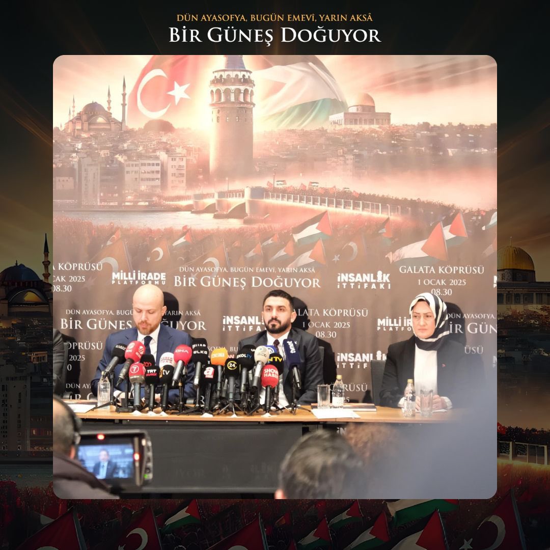 📍 1 Ocak 2025'te, Filistinli kardeşlerimizle dayanışmak ve zulme karşı sesimizi yükseltmek için yürüyoruz.
 
🇵🇸 Filistinli kardeşlerimiz için bu yıl da aynı kararlılık ve inançla Galata'da buluşuyoruz!

🙌🏻 Birlikte daha güçlü!

#BirGüneşDoğuyor