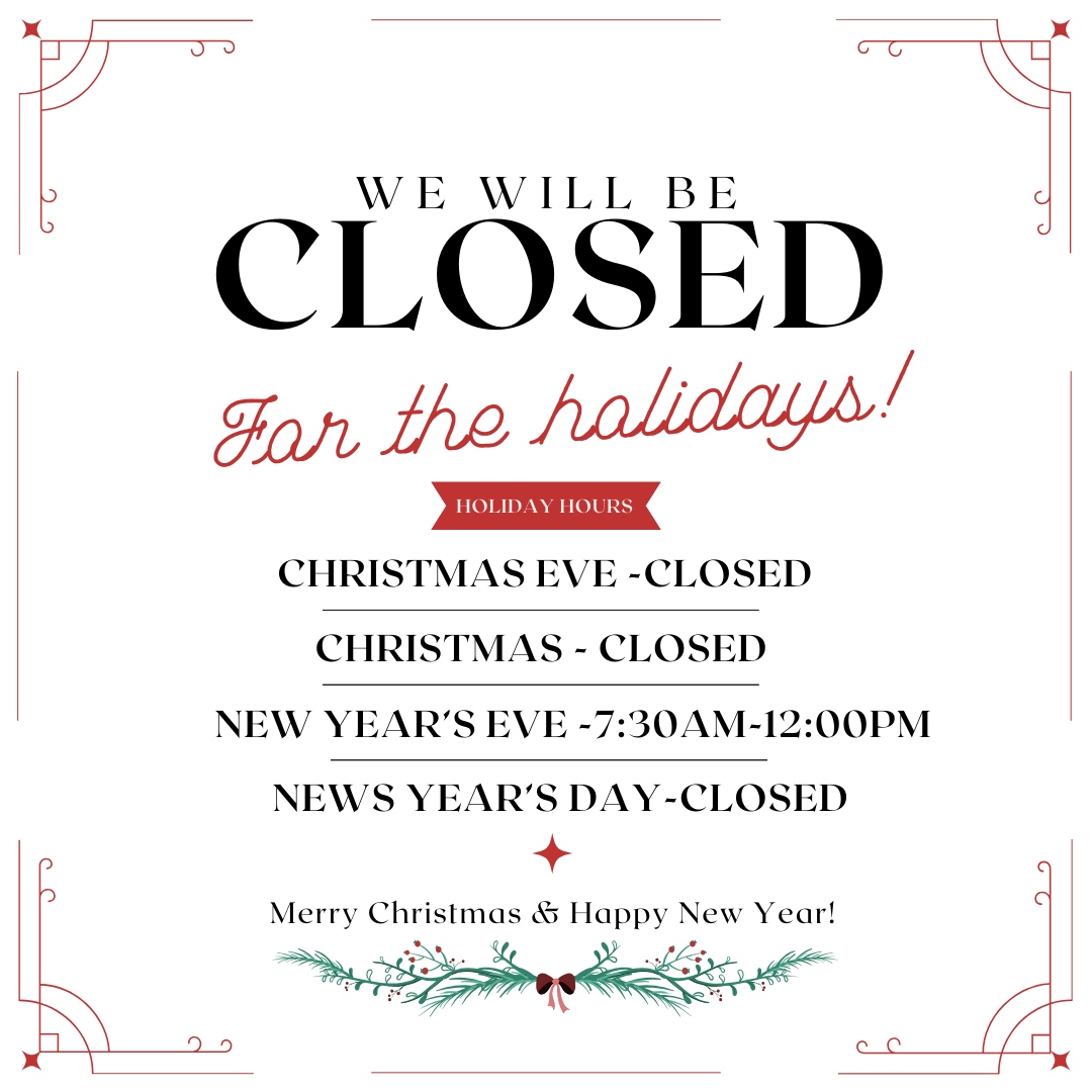 TOTALCOMFORTINC's tweet photo. The Holiday hours are….

Dec 24 &amp; 25 - Closed 
Dec 31- 7:30am-12:00pm
Jan 1- Closed 

We hope that everyone has a safe and magical Holiday season!! https://t.co/VCAcJDZXnm