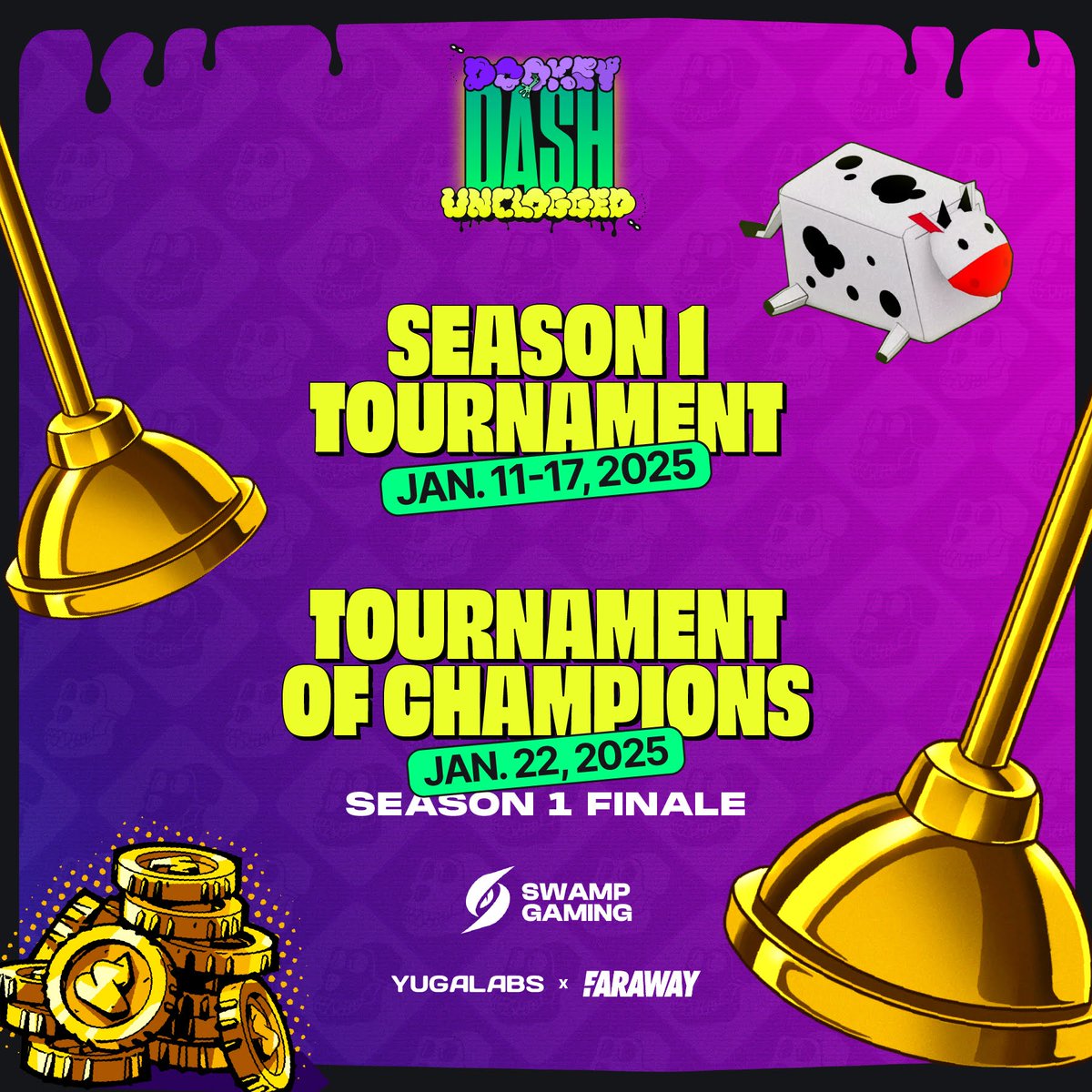 BoredApeYC's tweet photo. It's all been leading to this.

The official DDU S1 Tournament with the $1 million prize pool will be hosted by @farawaygg from January 11 - 17, 2025.

The reveal of prizes will be announced during the Tournament of Champions on January 22, 2025, co-hosted and streamed by @swampgaming.

Stay tuned, more details to come.